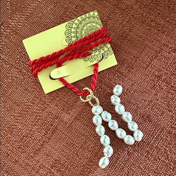 Jewelry - Handmade Initial N Red and Gold Necklace with Pearl Accents